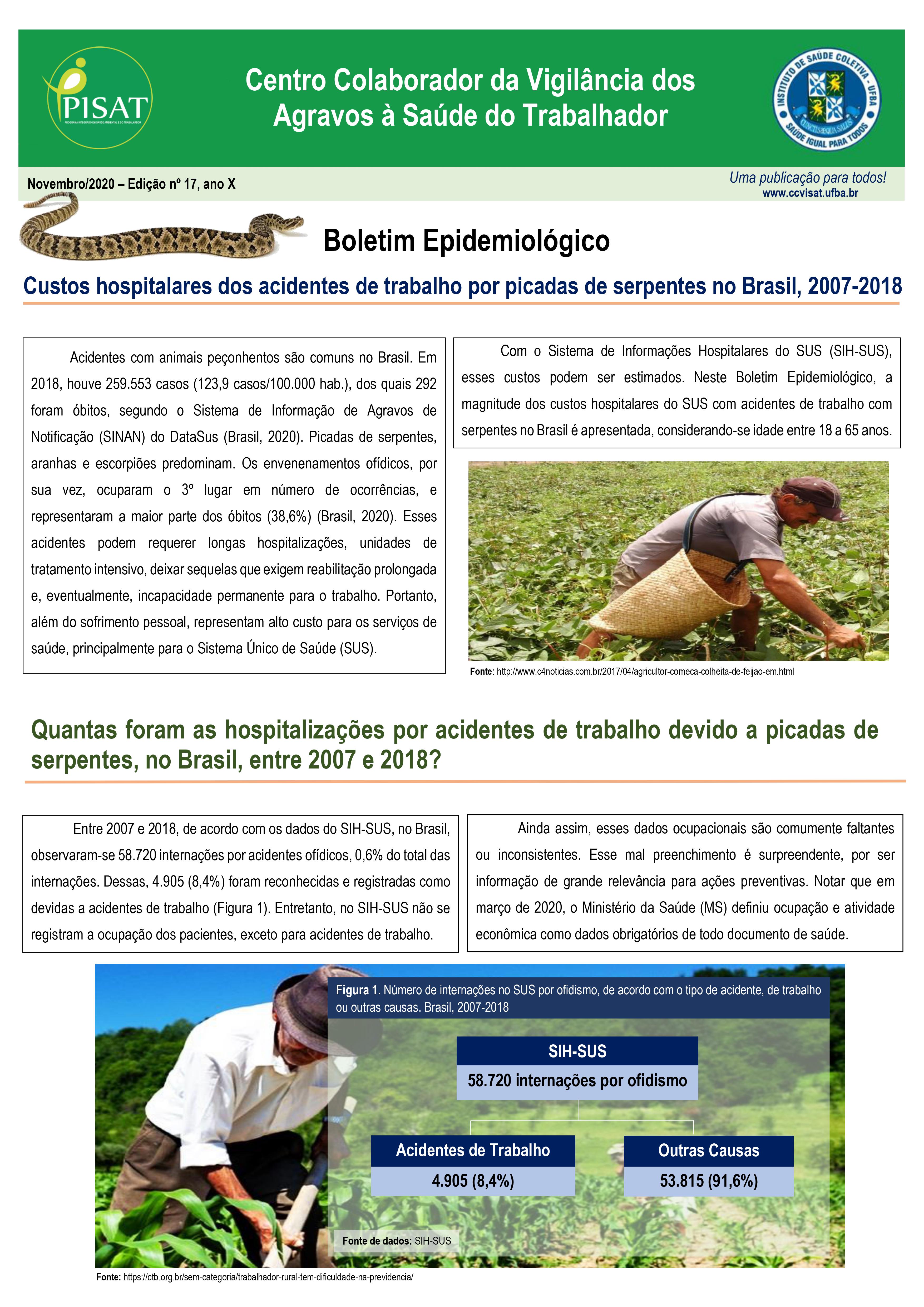 Boletim Epidemiológico | Custos hospitalares dos acidentes de trabalho por picadas de serpentes no Brasil, 2007-2018